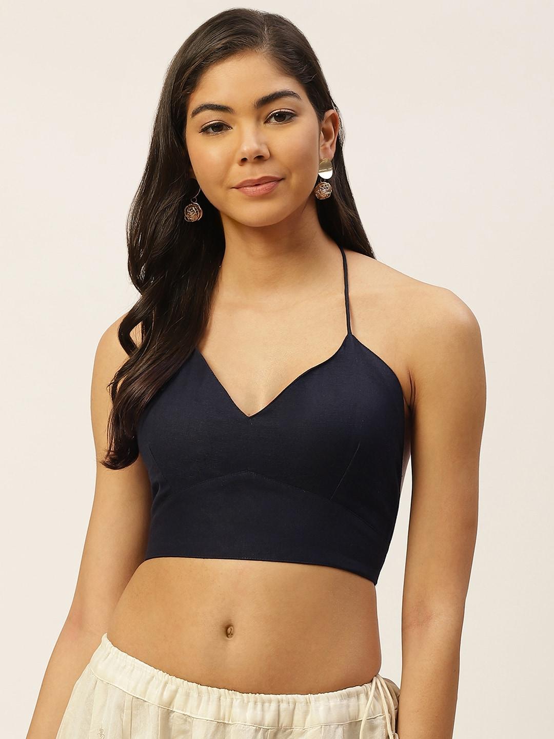 molcha-women-navy-blue-solid-pure-cotton-padded-halter-neck-blouse-with-tie-up-closure
