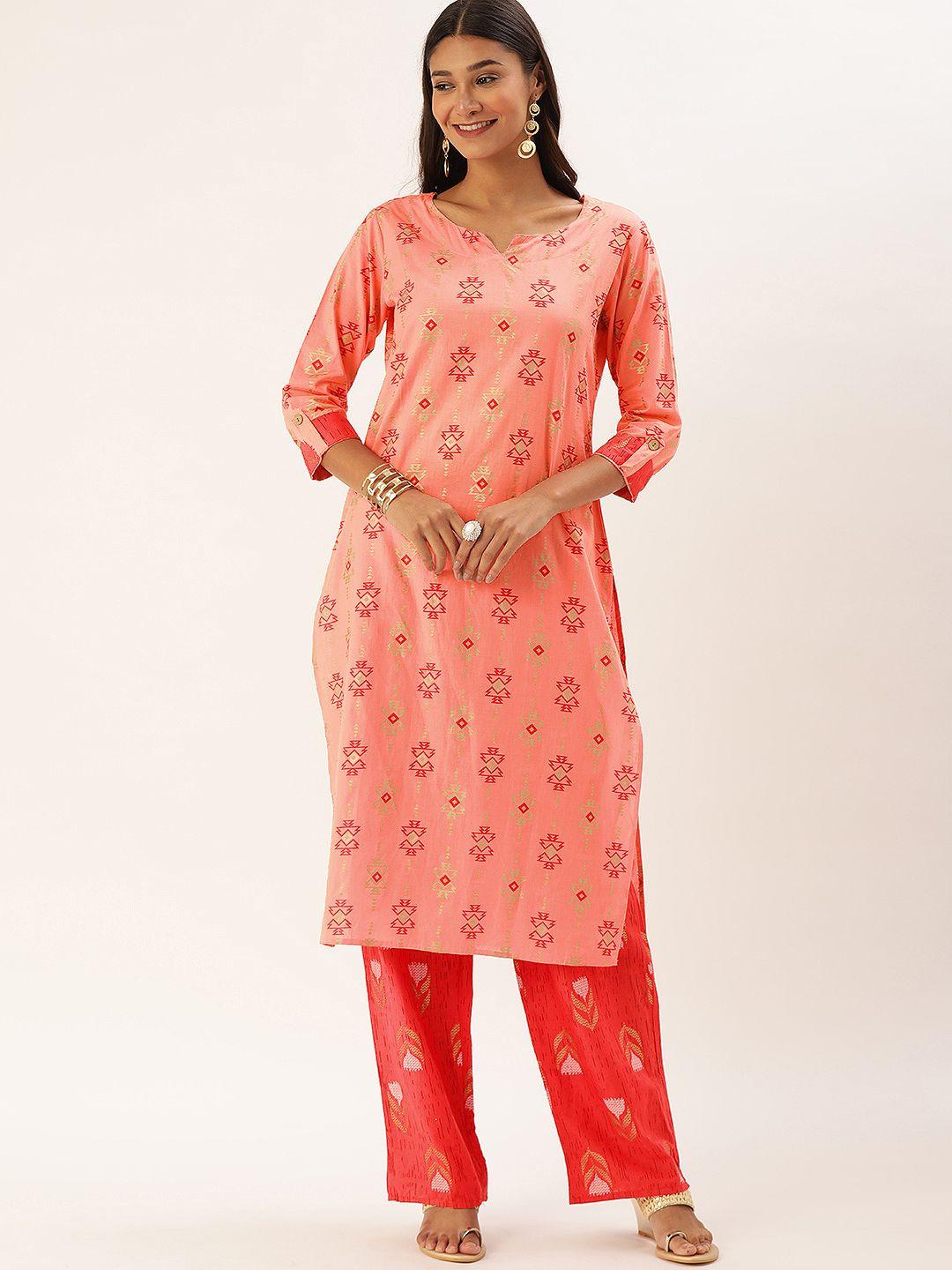 blissta-women-peach-coloured-printed-kurta-with-trousers