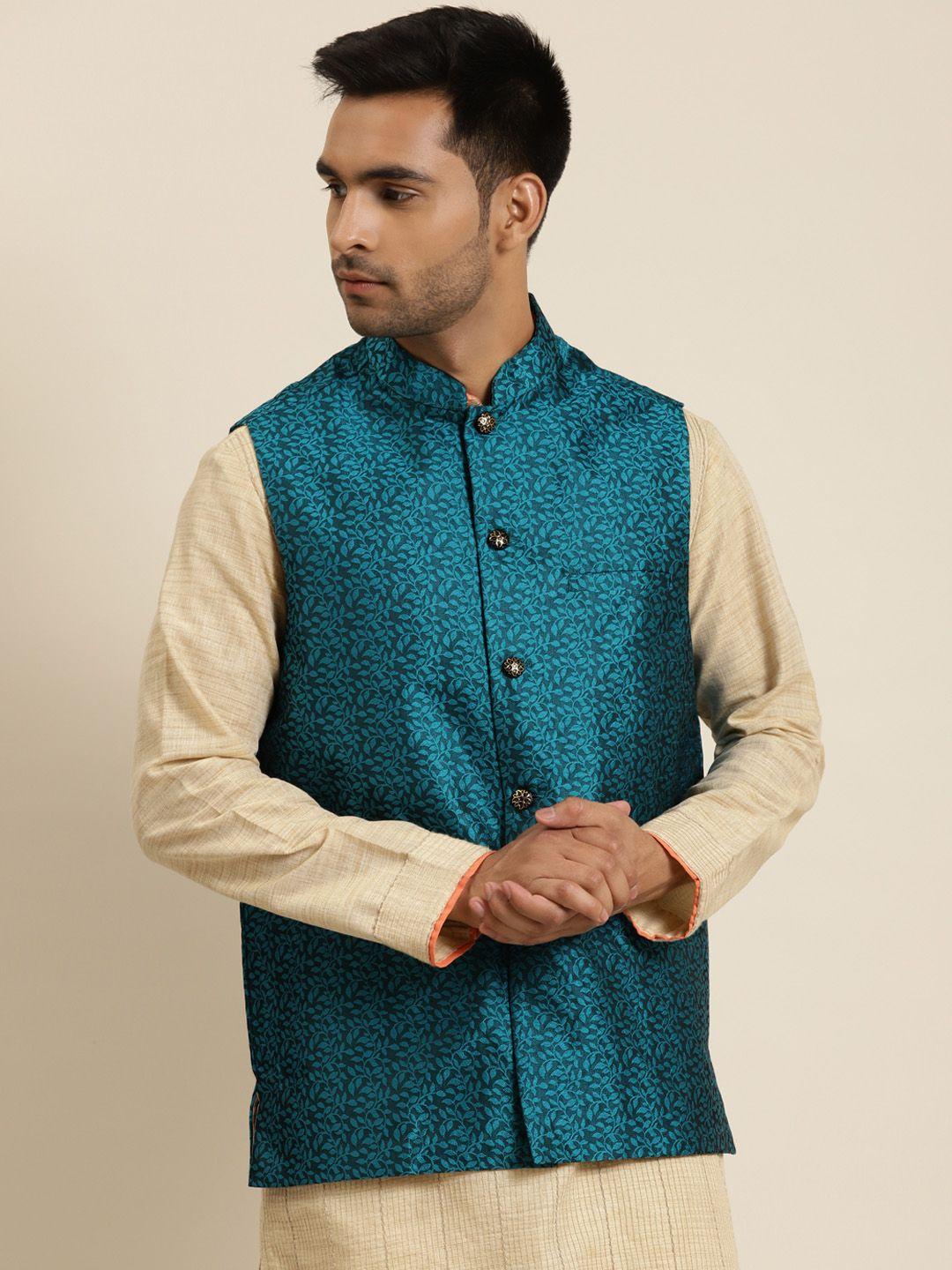sojanya-men-teal-blue-&-charcoal-grey-jacquard-woven-design-silk-nehru-jacket