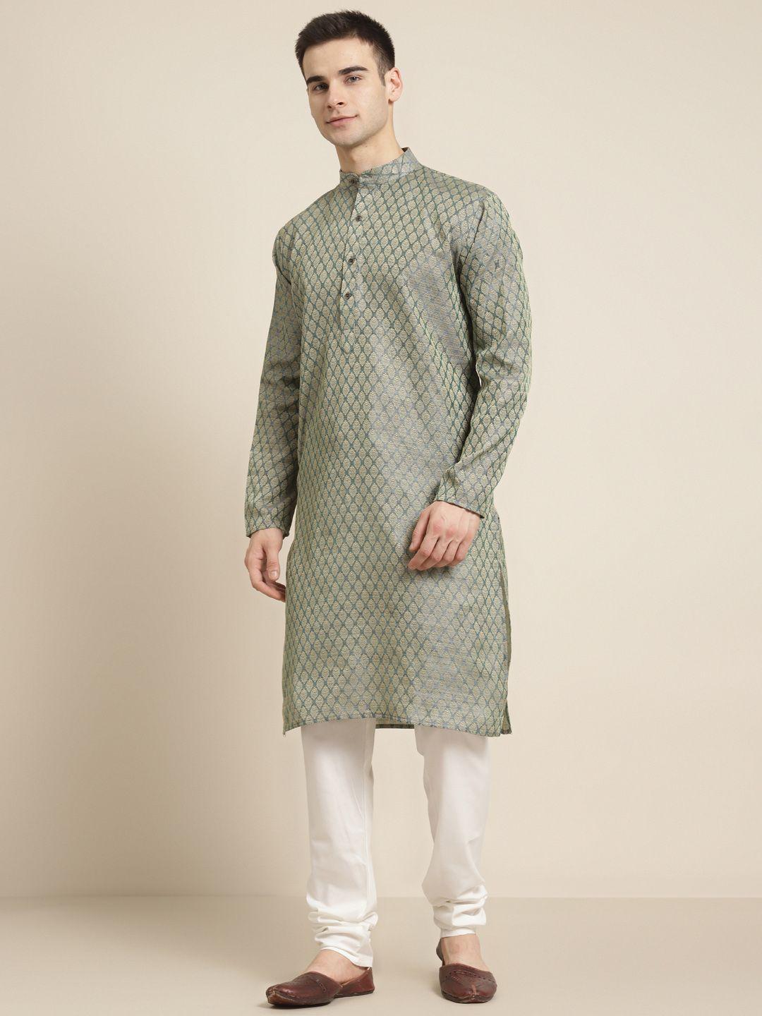 sojanya-men-teal-green-&-beige-ethnic-motifs-jacquard-silk-kurta