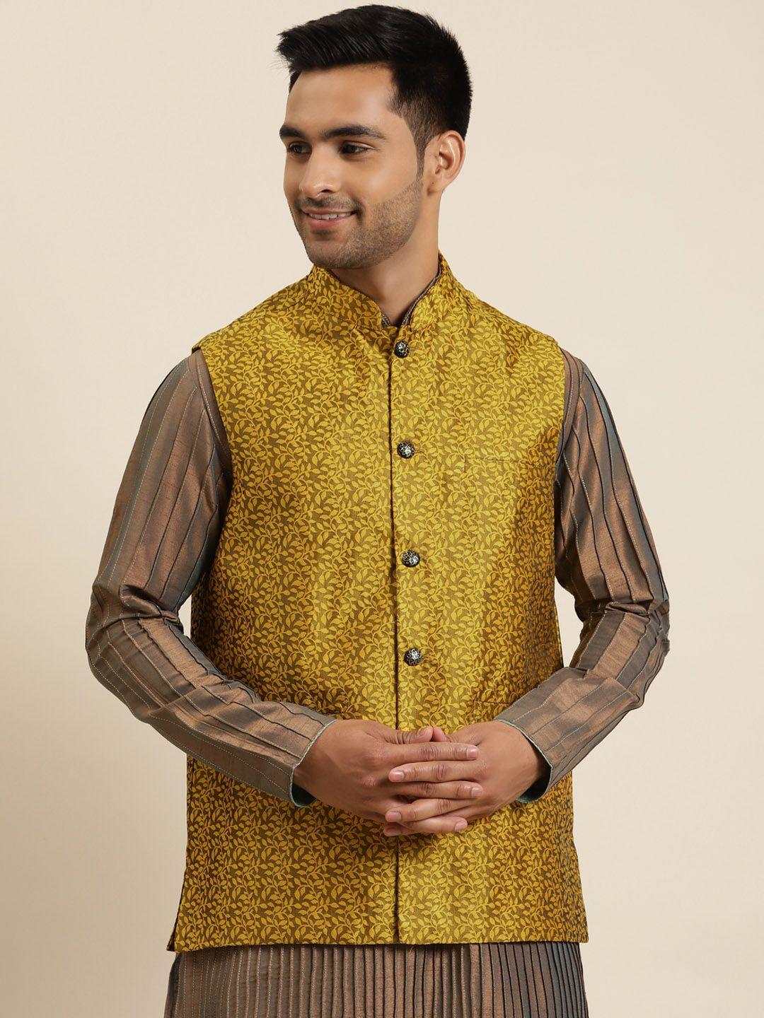 sojanya-men-mustard-yellow-&-charcoal-black-jacquard-woven-design-nehru-jacket