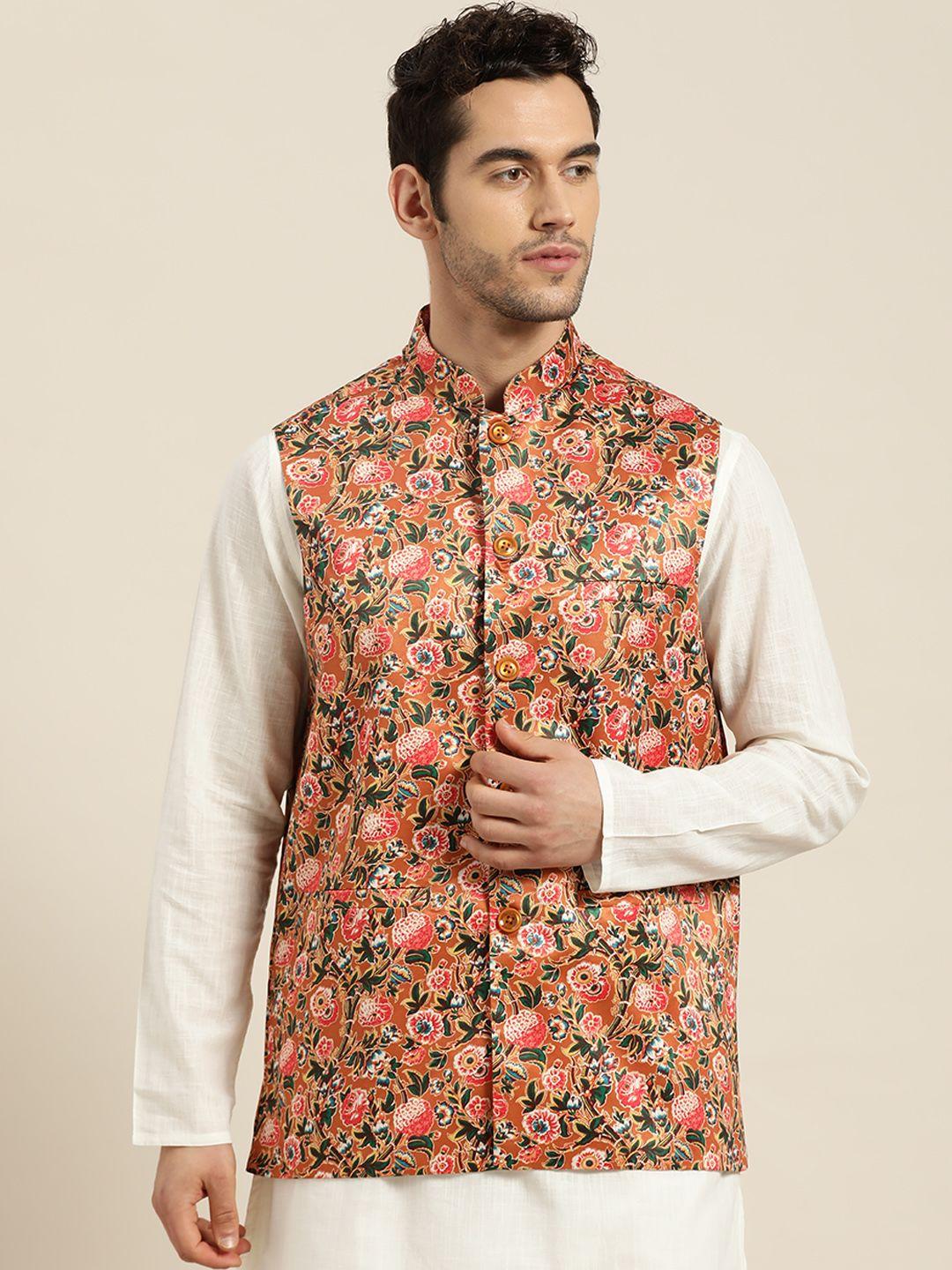 sojanya-men-orange-&-green-floral-print-nehru-jacket