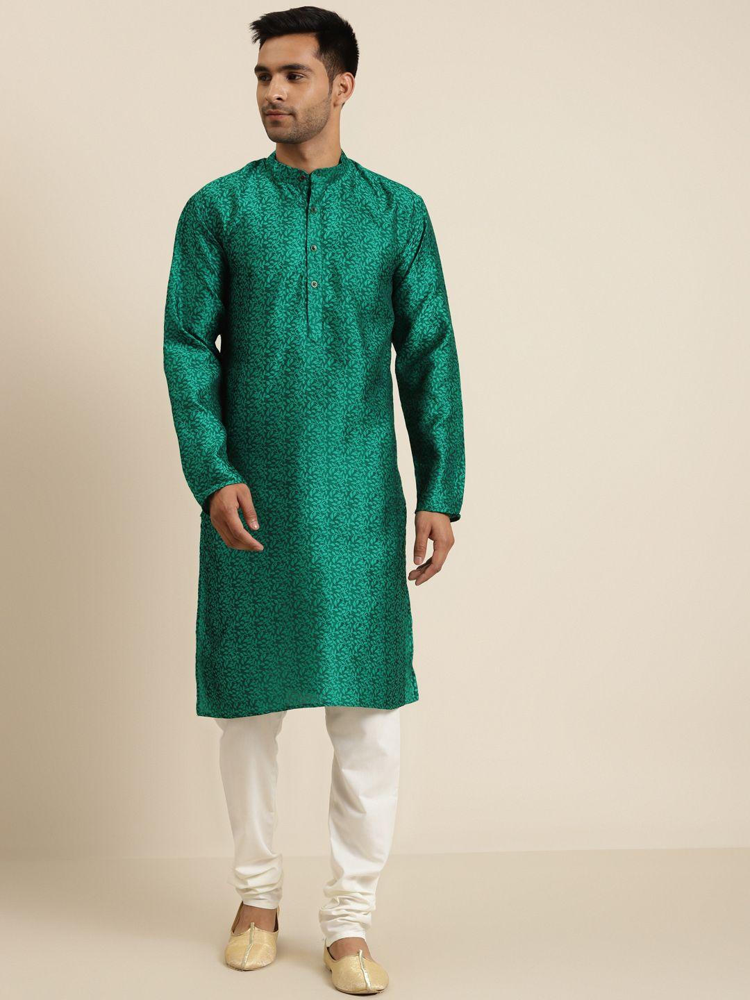 sojanya-men-green-&-off-white-self-design-kurta-with-churidar