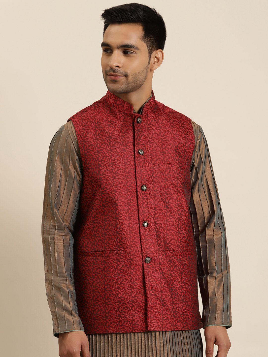 sojanya-men-red-&-black-jacquard-woven-design-nehru-jacket
