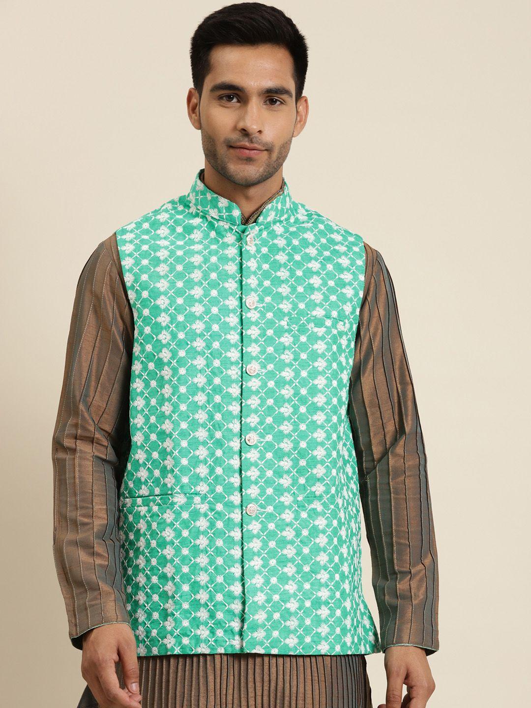 sojanya-men-green-&-white-embroidered-nehru-jacket