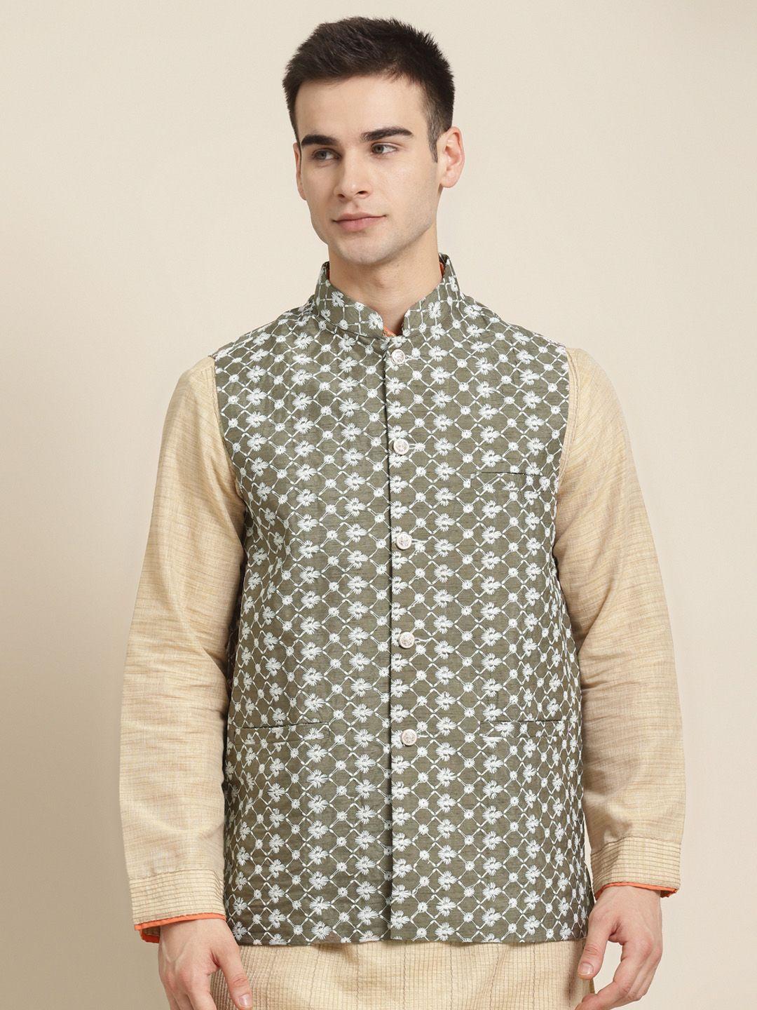 sojanya-men-olive-green-&-white-ethnic-motifs-embroidered-nehru-jacket