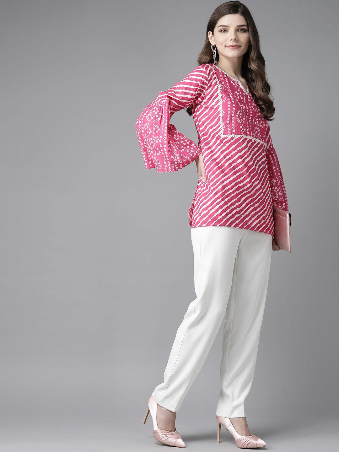 bhama-couture-pink-&-white-leheriya-print-bell-sleeves-regular-top