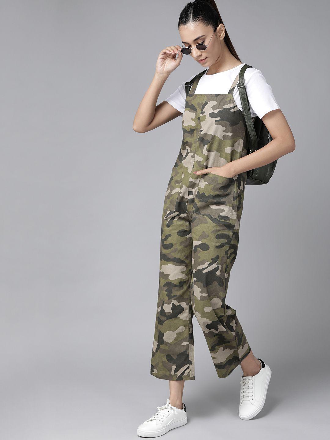 roadster-women-olive-green-&-beige-camouflage-print-pure-cotton-dungarees