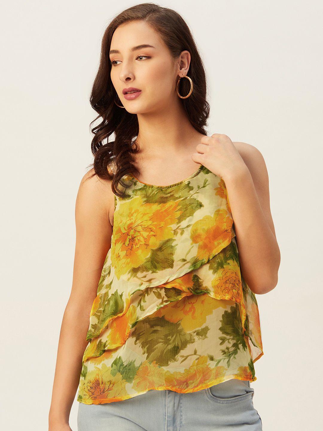 belle-fille-yellow-&-green-floral-printed-layered-georgette-regular-top