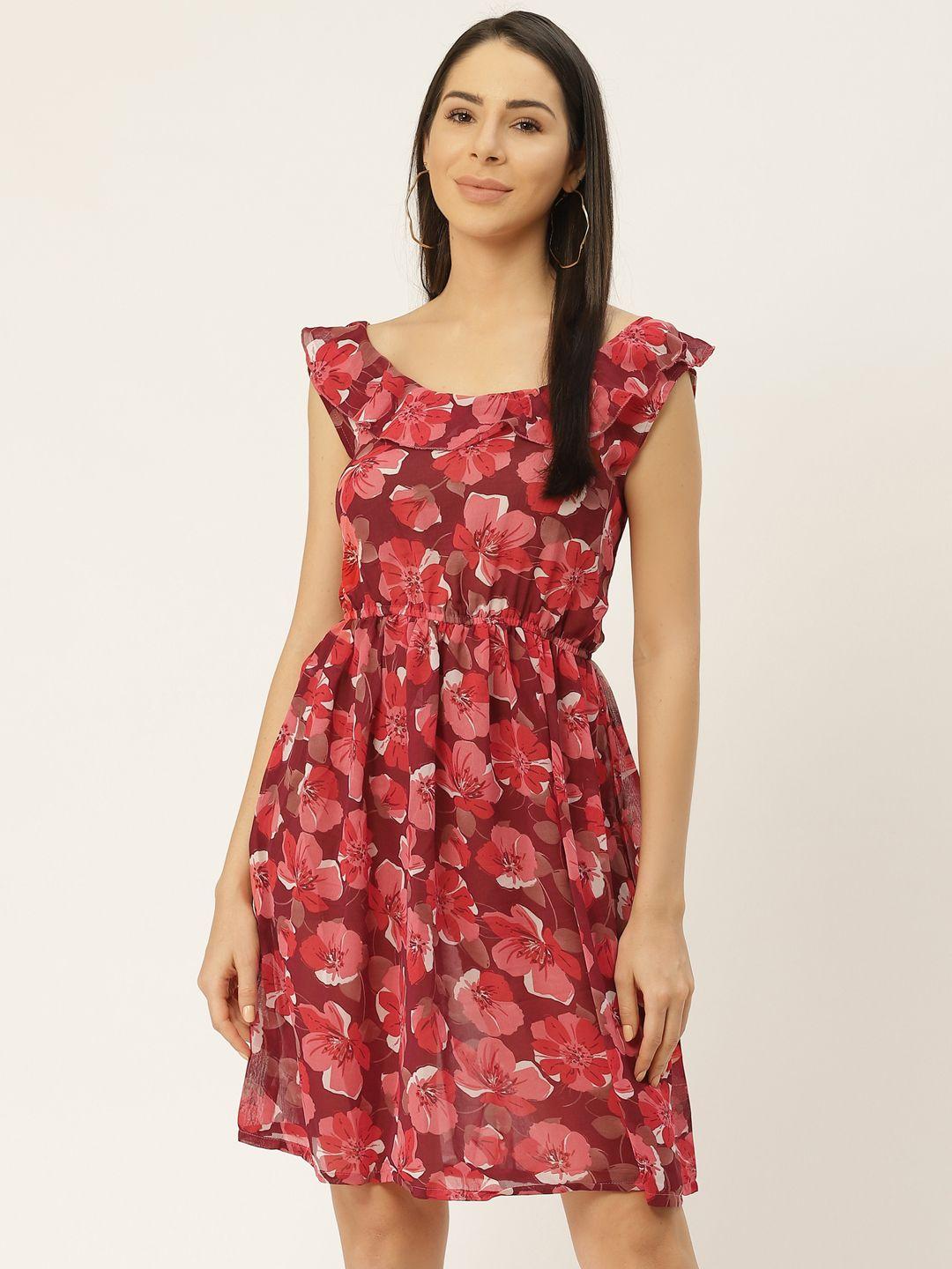 belle-fille-women-maroon-&-peach-coloured-floral-printed-georgette-a-line-dress