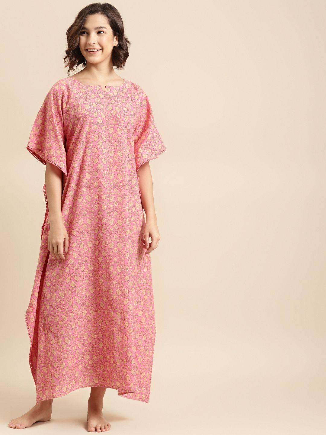 prakrti-pink-&-cream-coloured-cotton-hand-block-floral-jaal-print-maxi-kaftan-nightdress