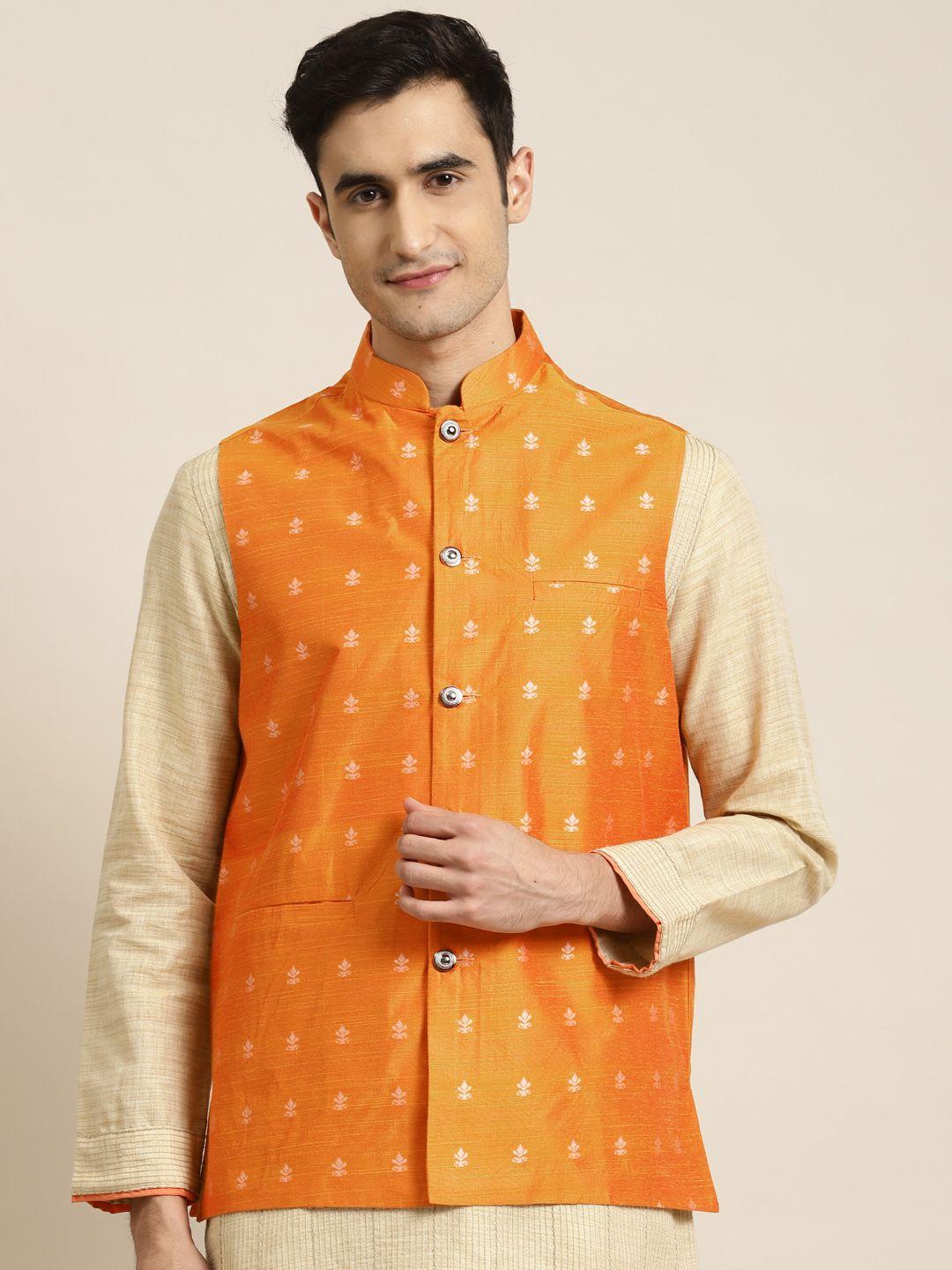 sojanya-men-orange-&-silver-self-design-nehru-jacket