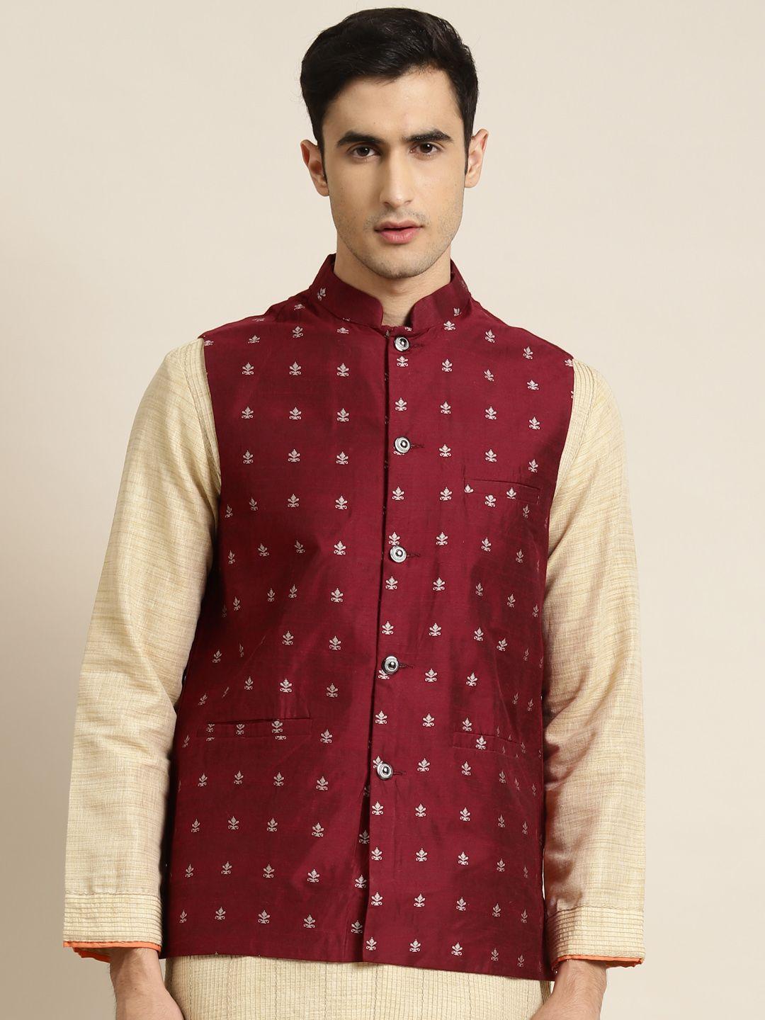 sojanya-men-maroon-&-silver-self-design-nehru-jacket