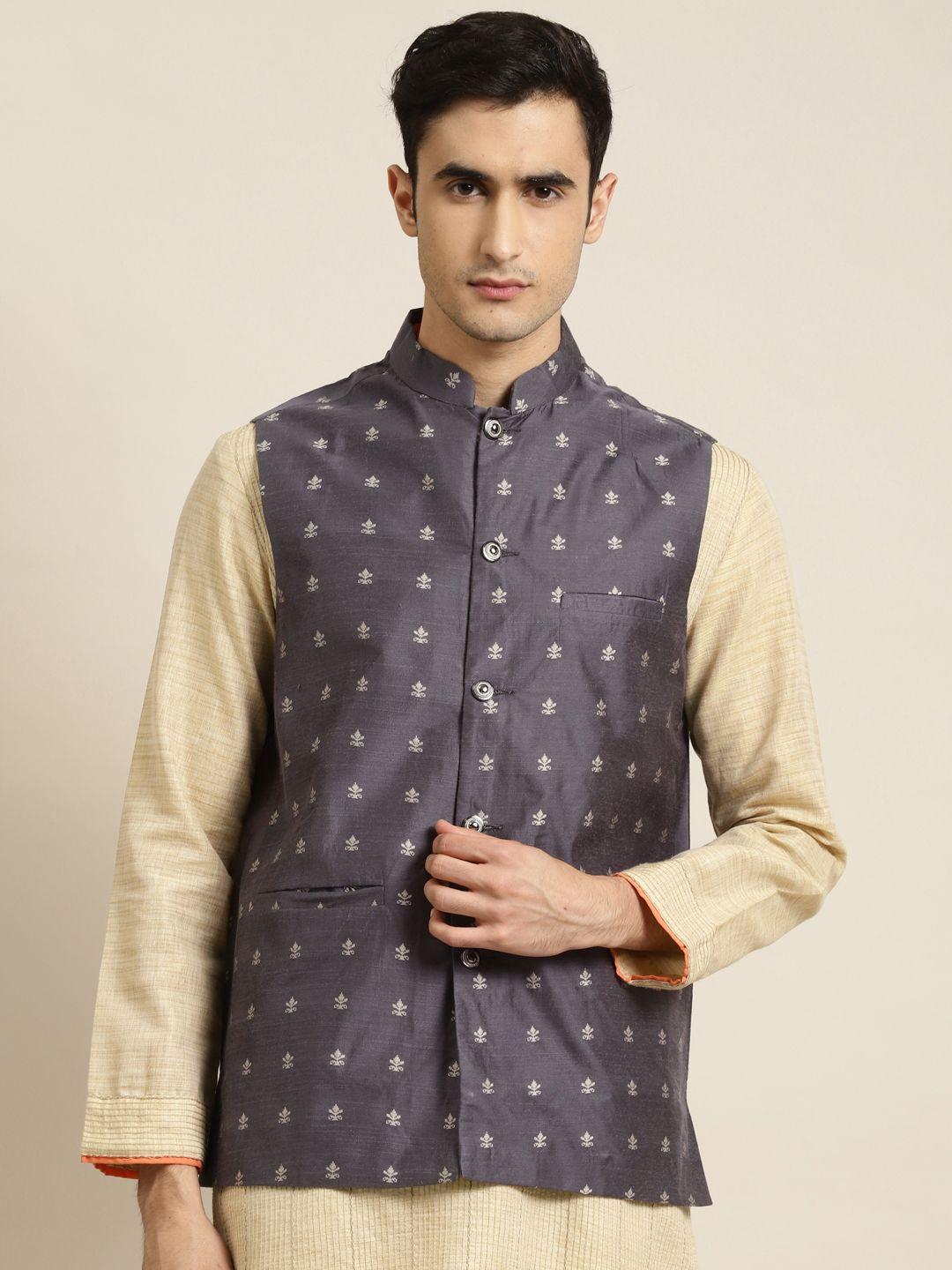 sojanya-men-charcoal-grey-&-silver-self-design-nehru-jacket