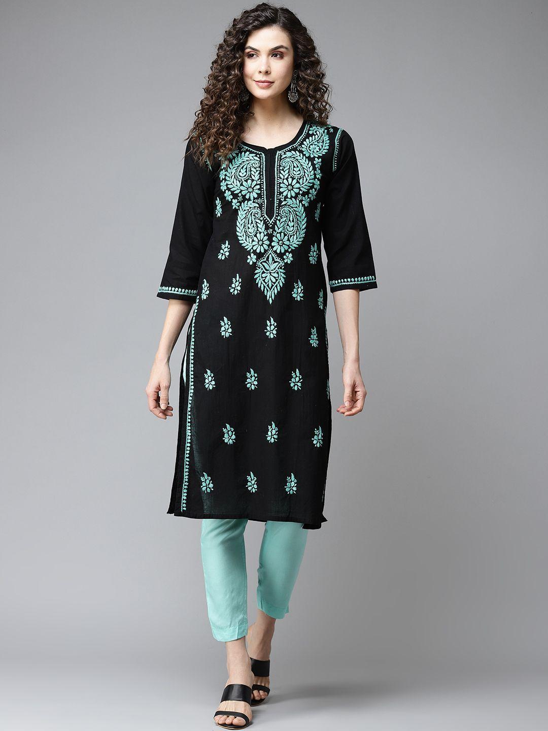 ada-women-black-&-blue-ethnic-motifs-embroidered-chikankari-handloom-kurta
