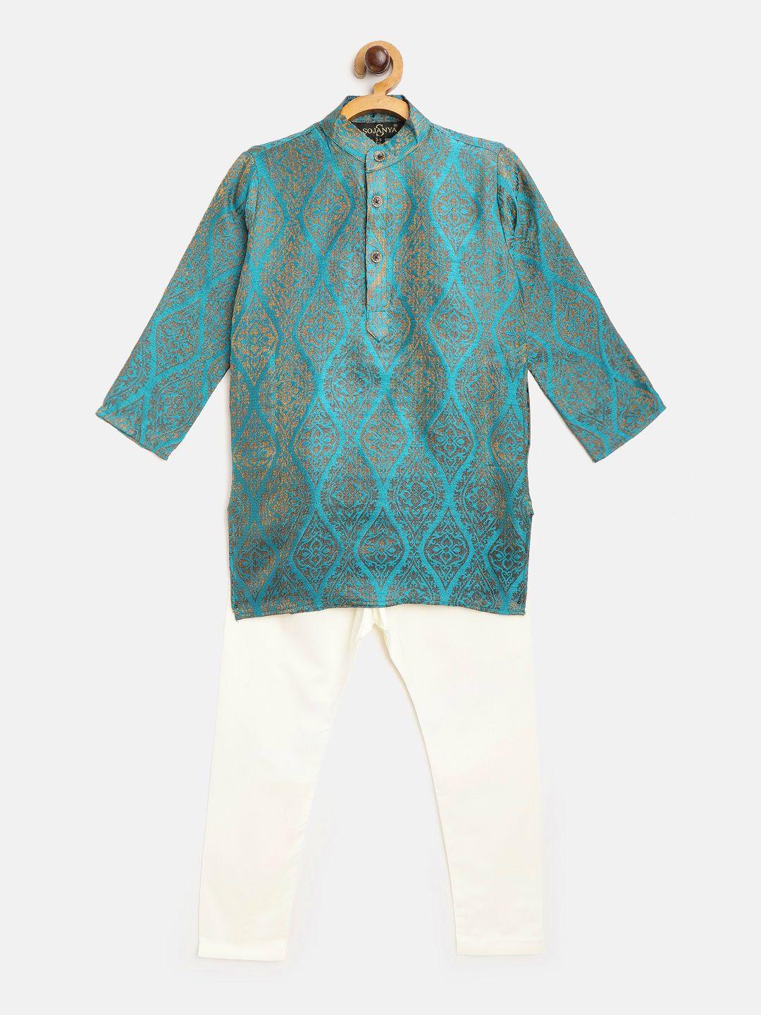 sojanya-boys-teal-blue-&-off-white-woven-design-kurta-with-pyjamas