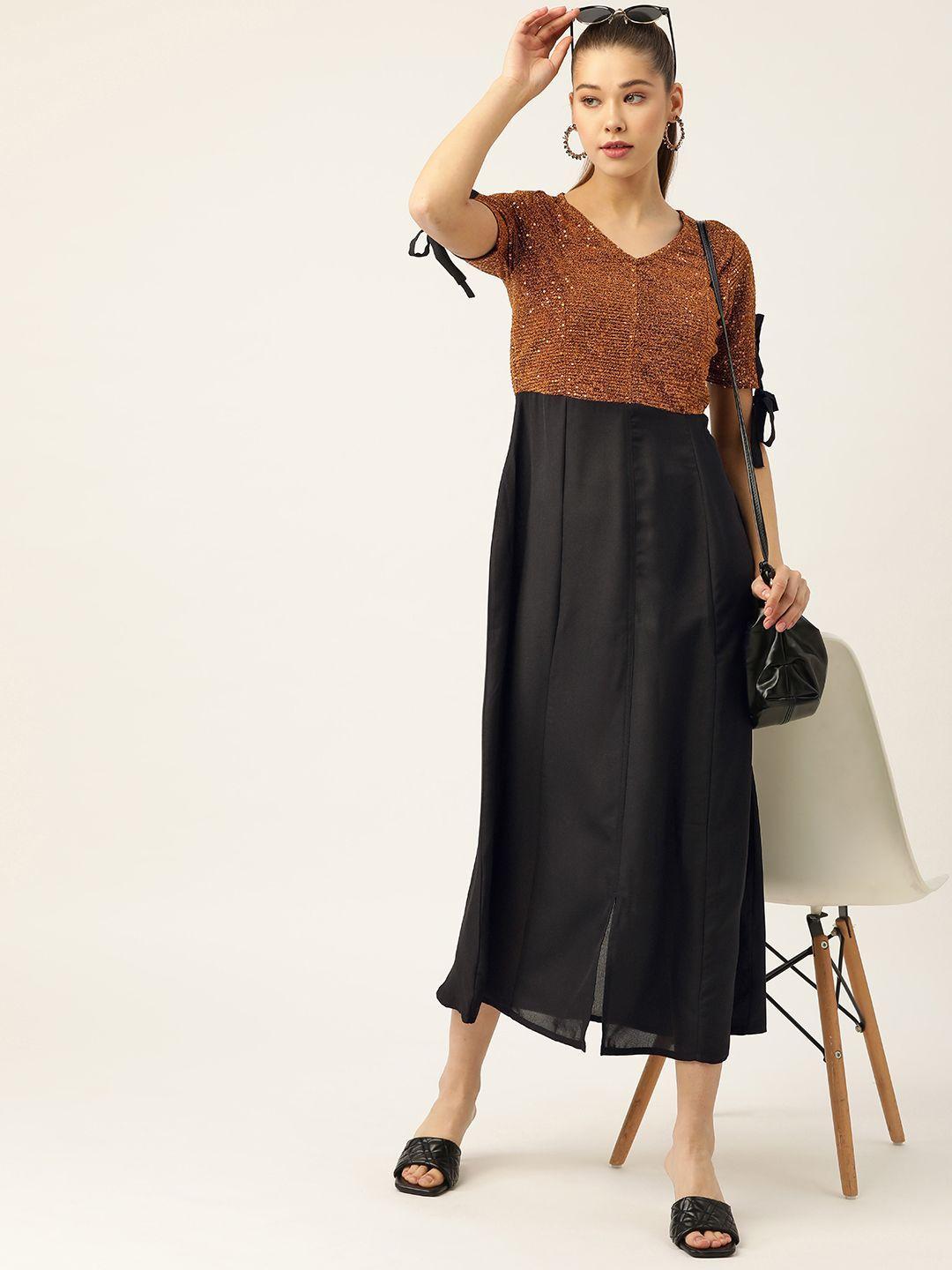 dressberry-black-&-rust-brown-sequined-yok-colourblocked-a-line-midi-dress