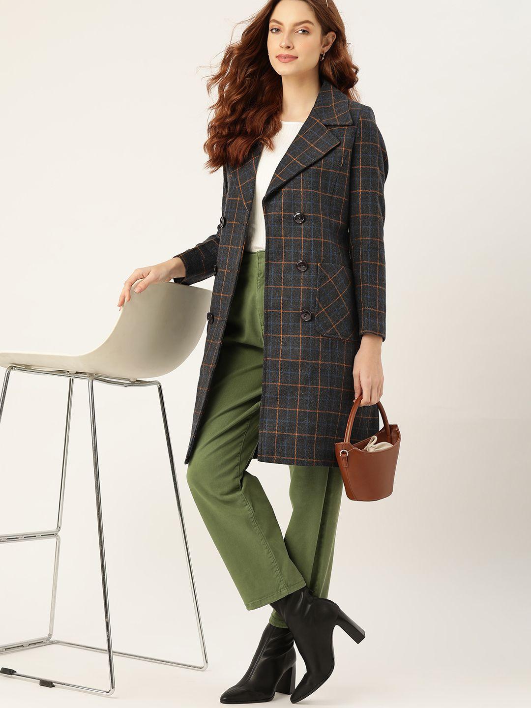 dressberry-women-charcoal-grey-&-mustard-yellow-checked-trench-coat