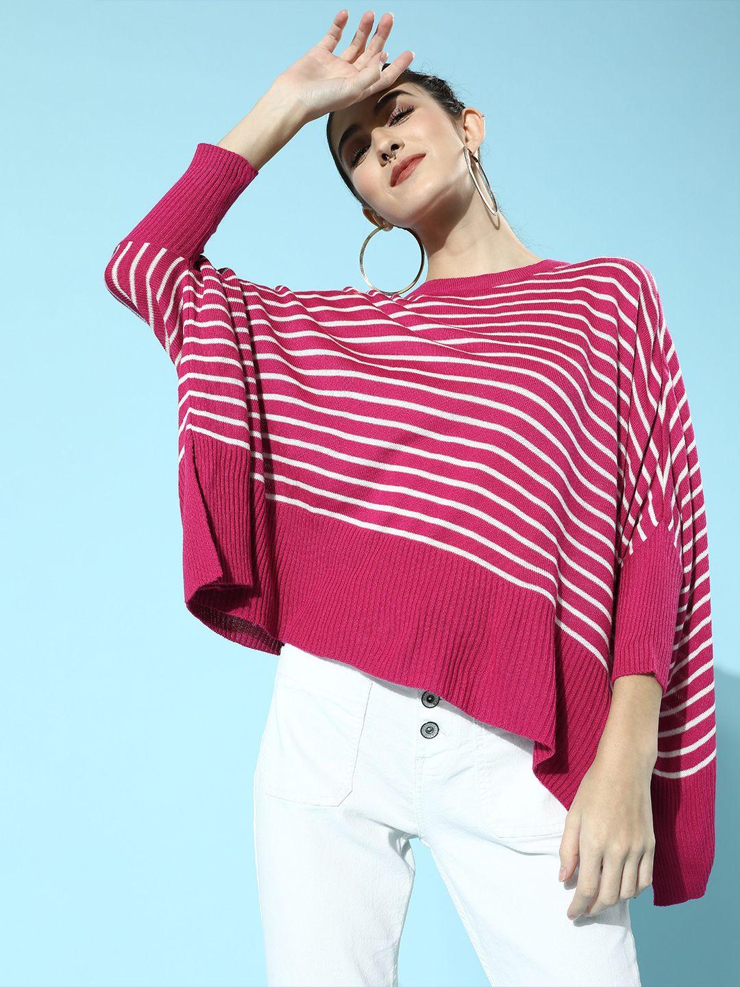dressberry-women-pink-&-white-striped-poncho-sweater