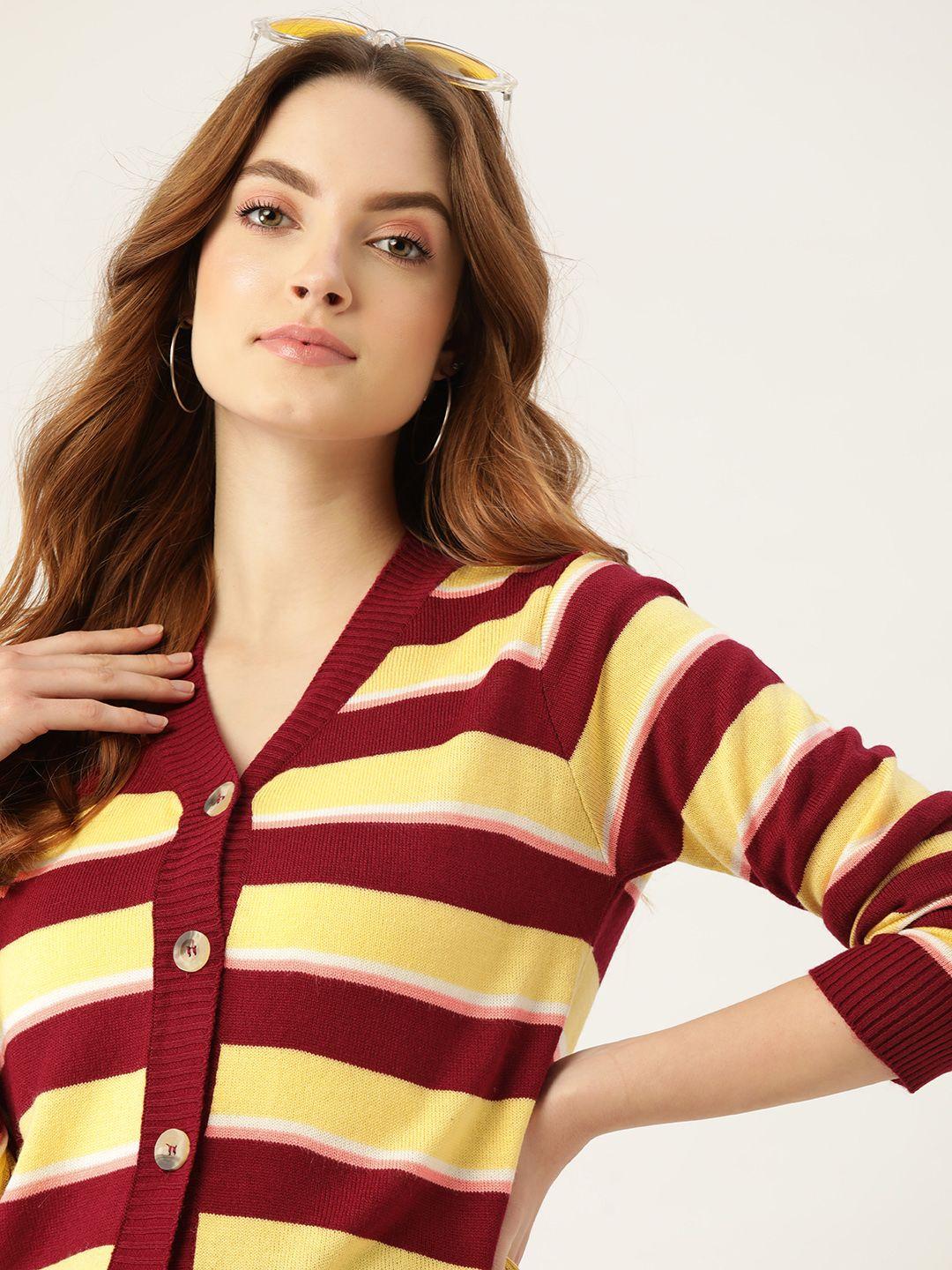 dressberry-women-maroon-&-yellow-striped-front-open-sweater