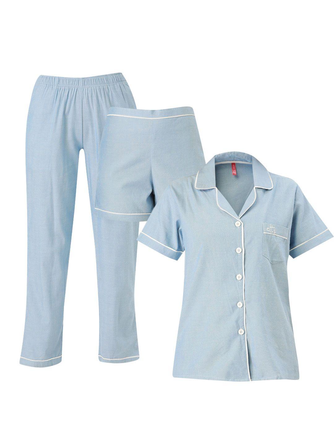 clt.s-women-blue-3-piece-cotton-pyjama-set