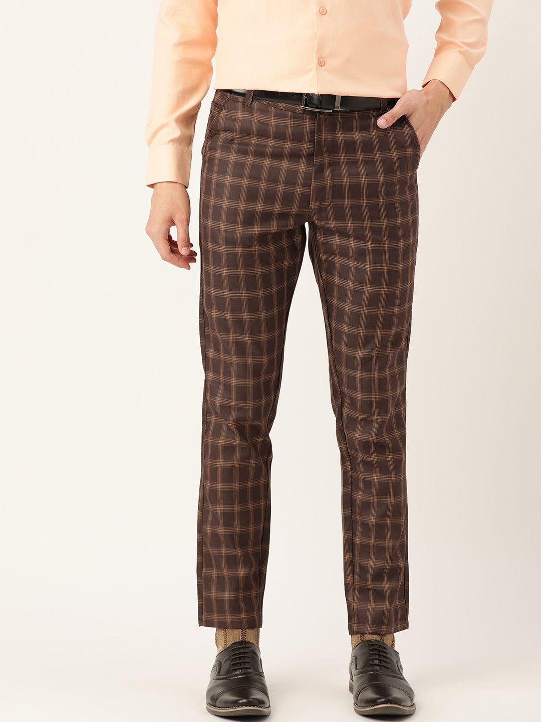 sojanya-men-brown-&-mustard-yellow-checked-smart-fit-formal-trousers