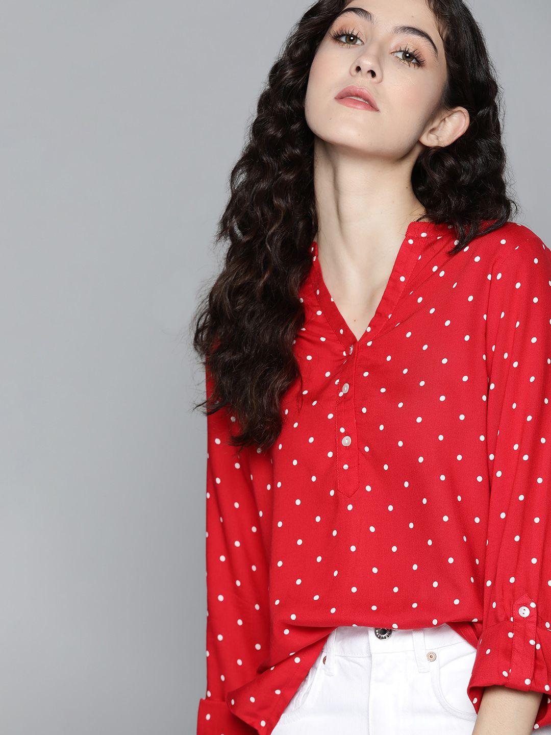 harvard-red-&-white-polka-dots-print-shirt-style-top