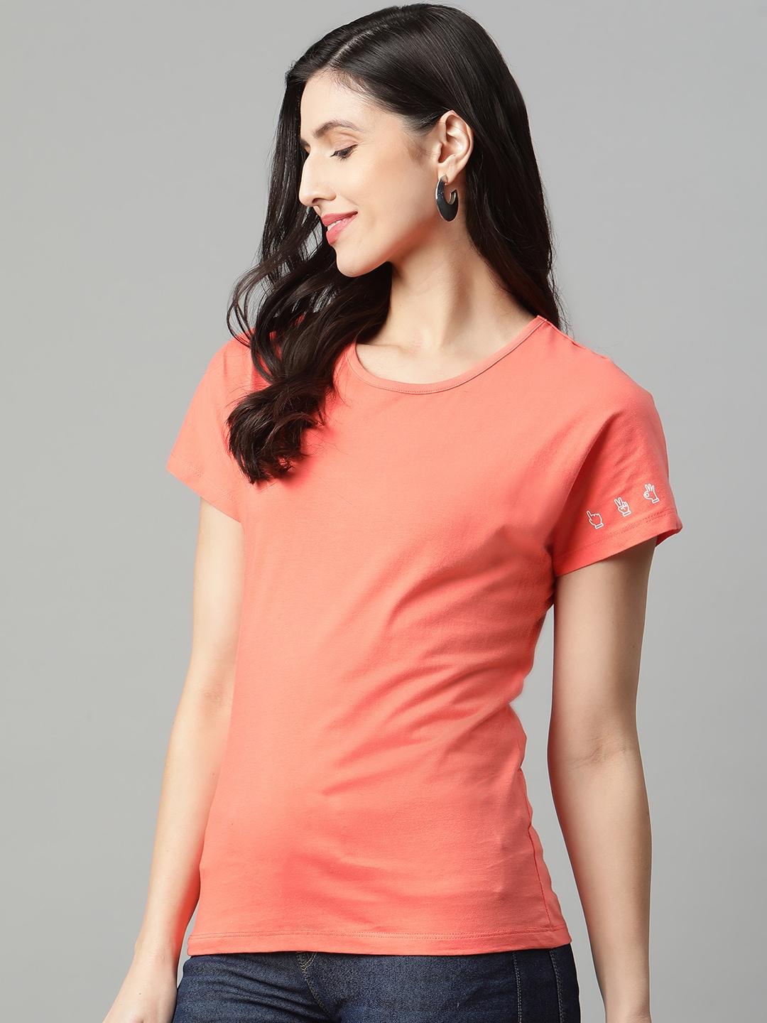 here&now-women-coral-pink-solid-pure-cotton-extended-sleeves-t-shirt