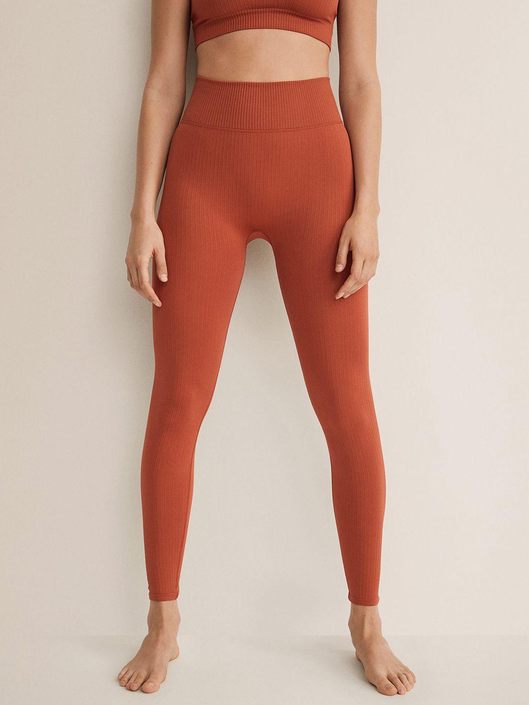 mango-women-rust-orange-high-rise-ribbed-seamless-leggings