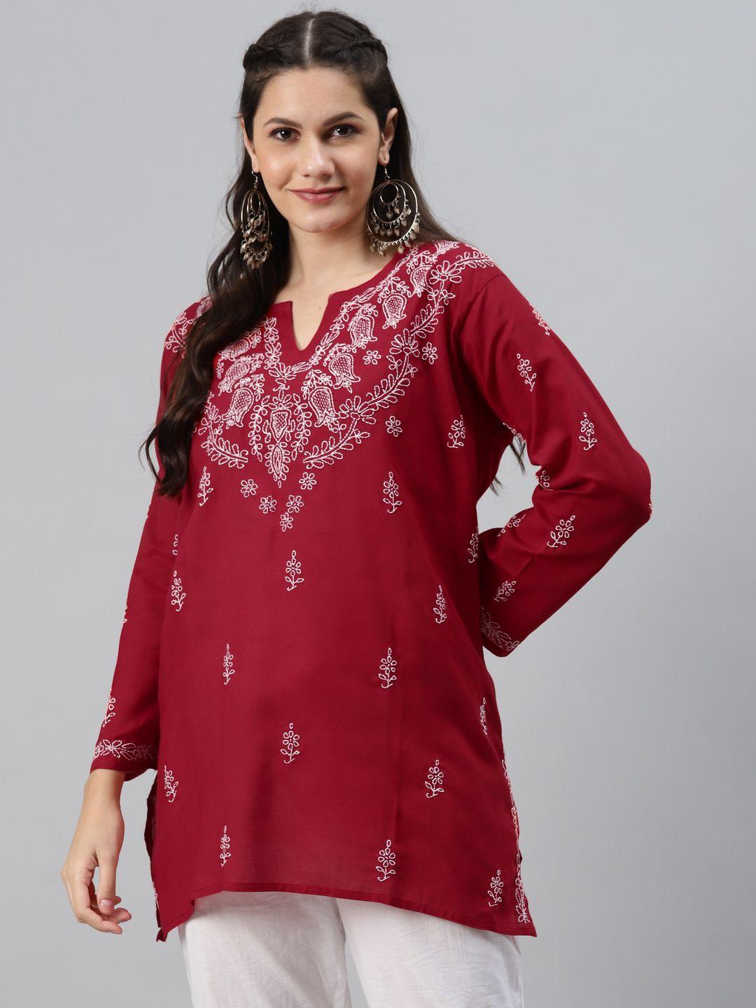 ada-maroon-&-white-ethnic-motifs-hand-embroidered-chikankari-pure-cotton-kurti