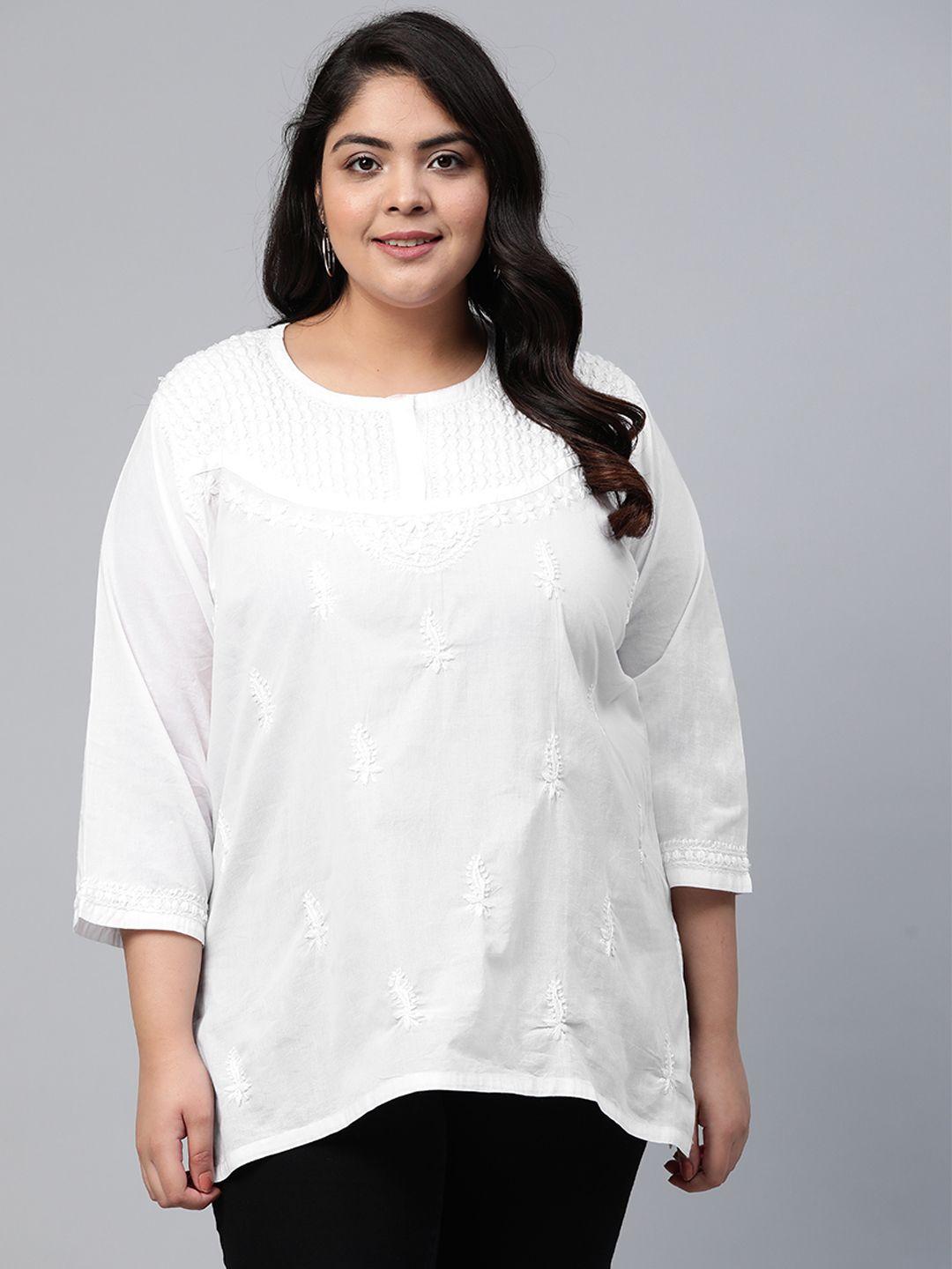 ada-women-plus-size-white-chikankari-embroidered-pure-cotton-handloom-kurti