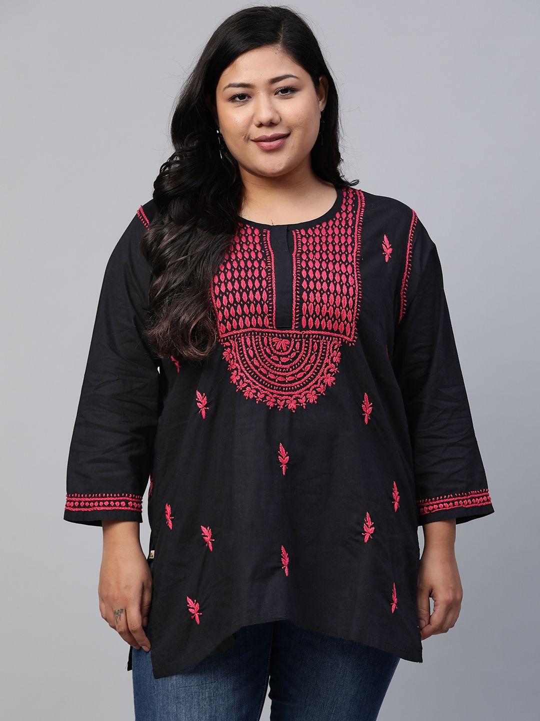 ada-women-plus-size-black-chikankari-embroidered-pure-cotton-handloom-kurti