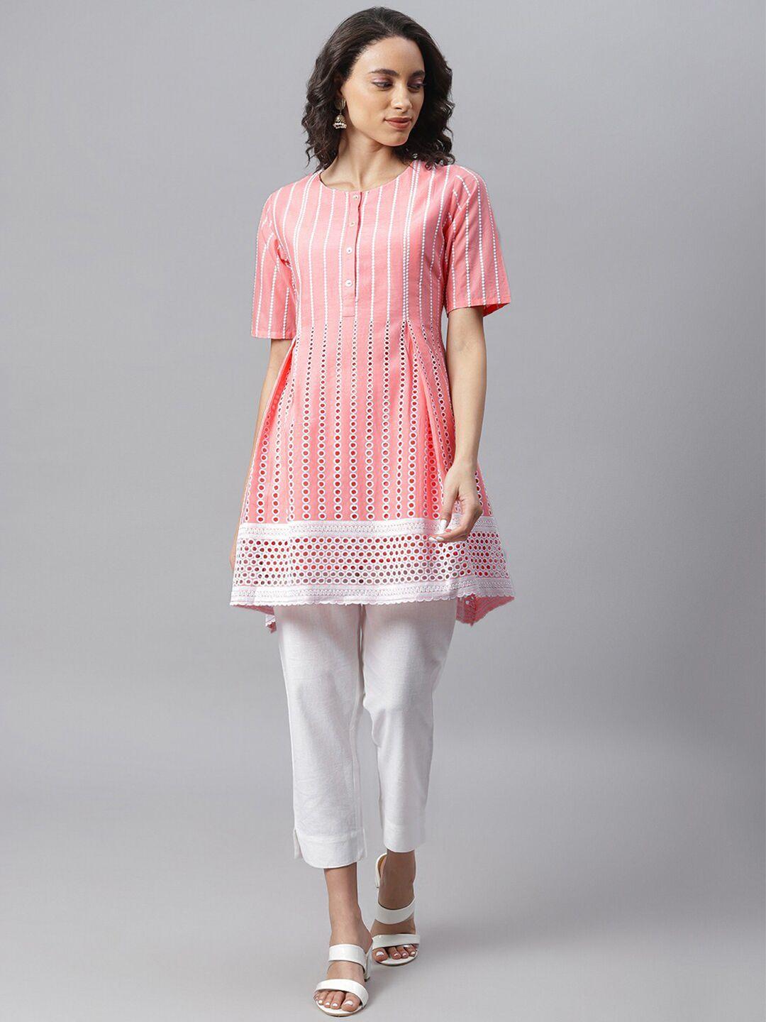 janasya-women's-pink-&-white-striped-tunic