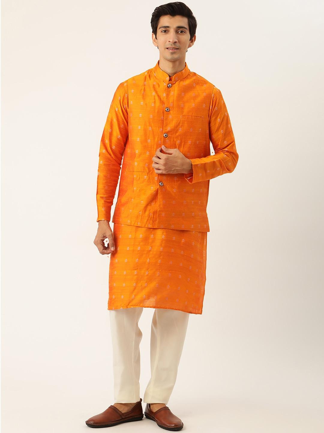 sojanya-men-orange-&-off-white-woven-design-kurta-with-pyjama-&-nehru-jacket