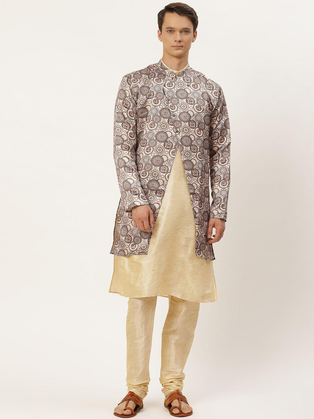 sojanya-men-beige-solid-kurta-set-with-printed-jacket