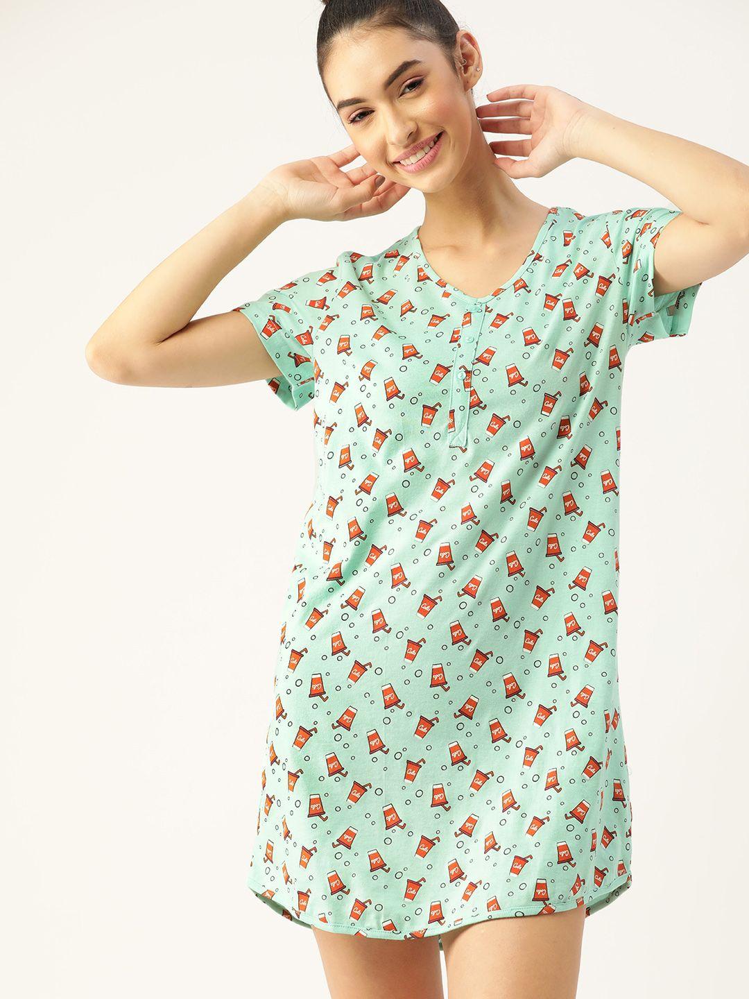 dressberry-sea-green-&-rust-orange-printed-t-shirt-nightdress