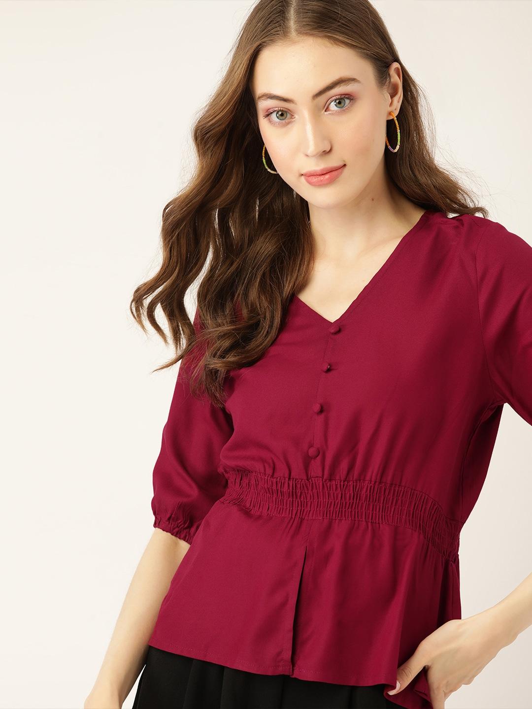 dressberry-maroon-solid-sustainable-ecovero-cinched-waist-top