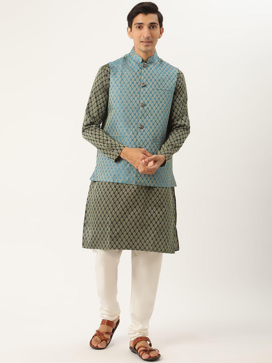 sojanya-men-green-&-off-white-jacquard--woven-design-kurta-with-churidar-&-nehru-jacket