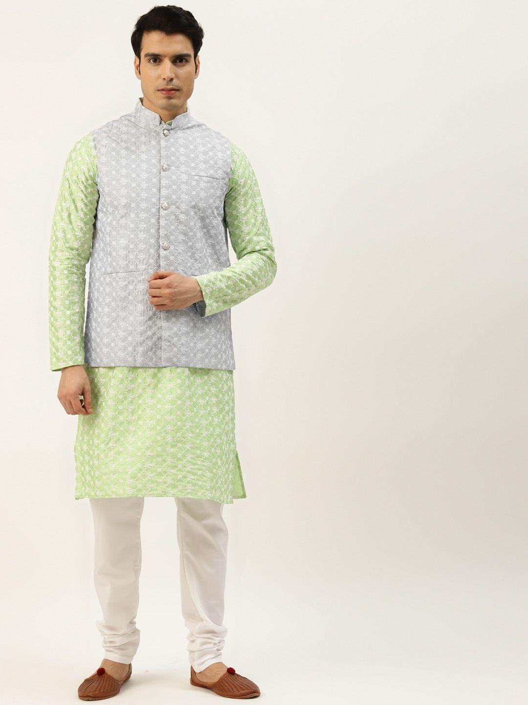 sojanya-men-grey-&-green-ethnic-motifs-embroidered-kurta-with-churidar