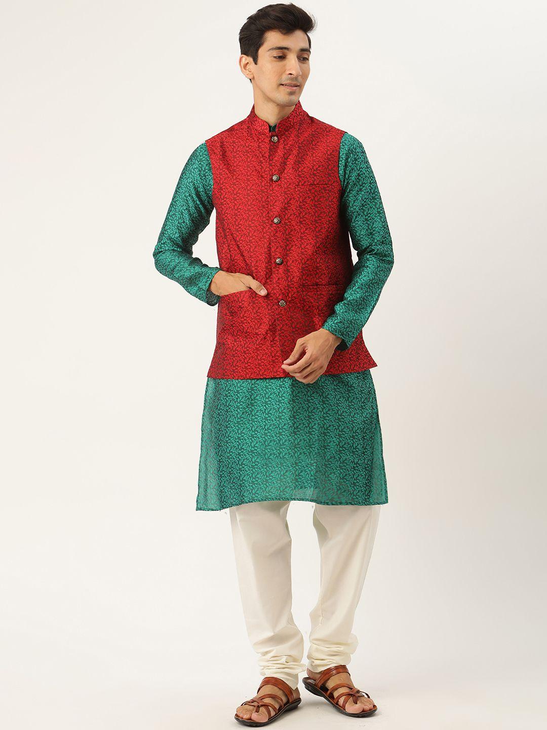sojanya-men-green-&-red-ethnic-motifs-woven-design-kurta-with-churidar-&-nehru-jacket