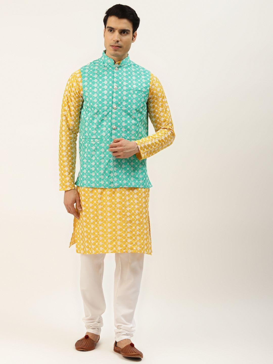 sojanya-men-yellow-&-white-embroidered-thread-work-kurta-with-churidar-&-nehru-jacket