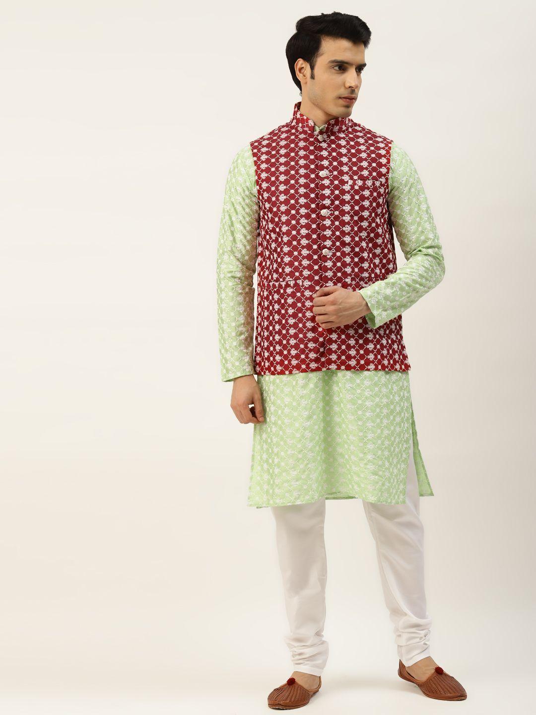 sojanya-men-red-&-green-ethnic-motifs-embroidered-kurta-with-churidar