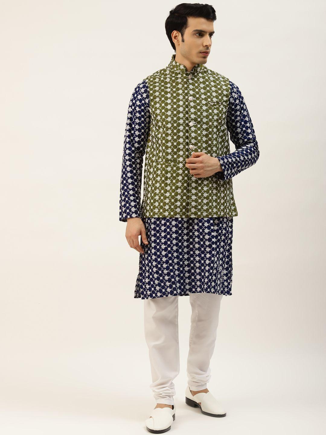 sojanya-men-navy-blue-chikankari-embroidered-kurta-with-churidar-&-nehru-jacket