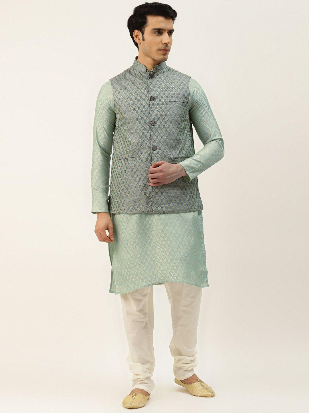sojanya-men-green-&-off-white-ethnic-motifs-kurta-with-churidar-&-nehru-jacket