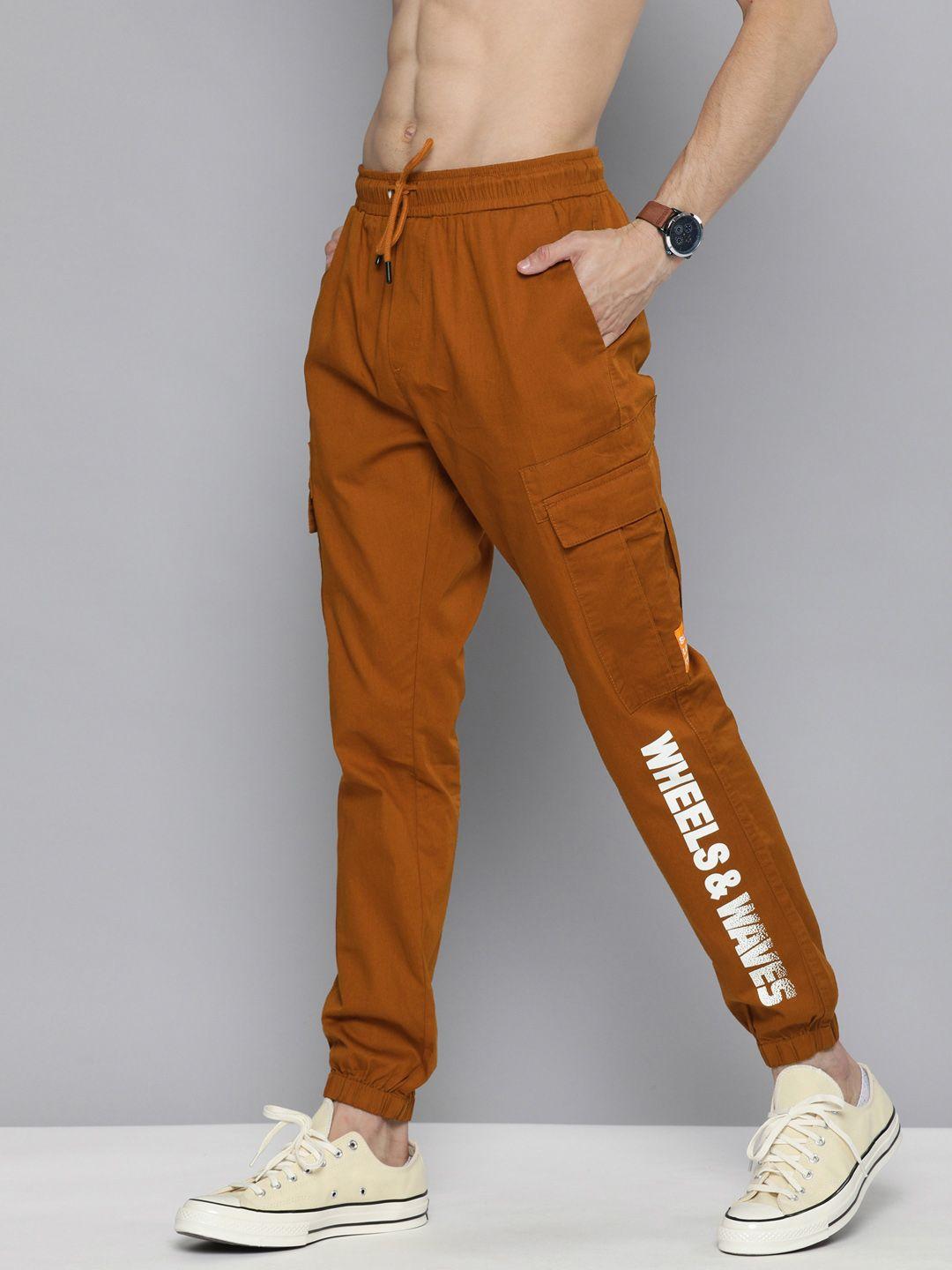 here&now-men-brown-printed-joggers-trousers