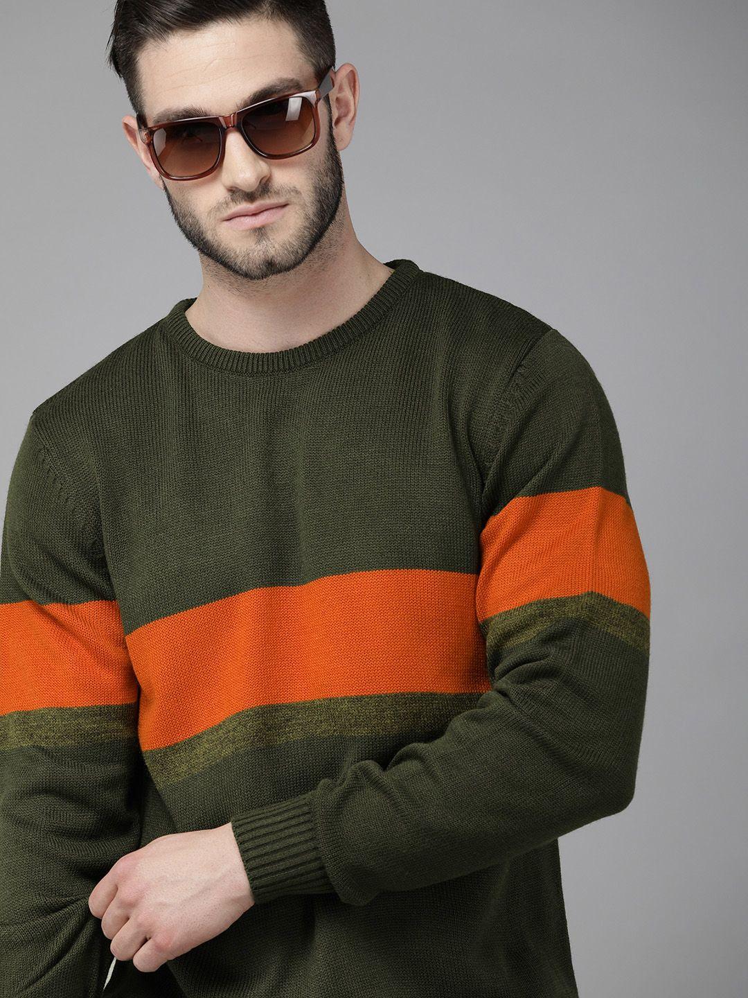 roadster-men-olive-green-&-orange-striped-acrylic-regular-pullover-sweater