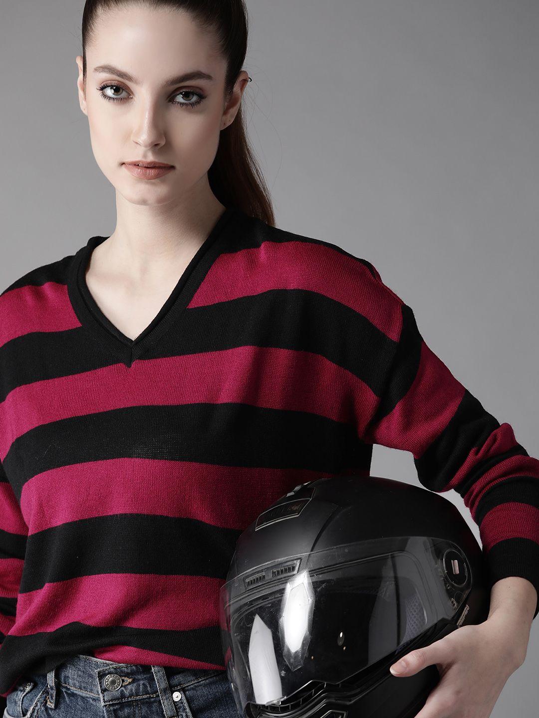 roadster-women-magenta-&-black-striped-pullover