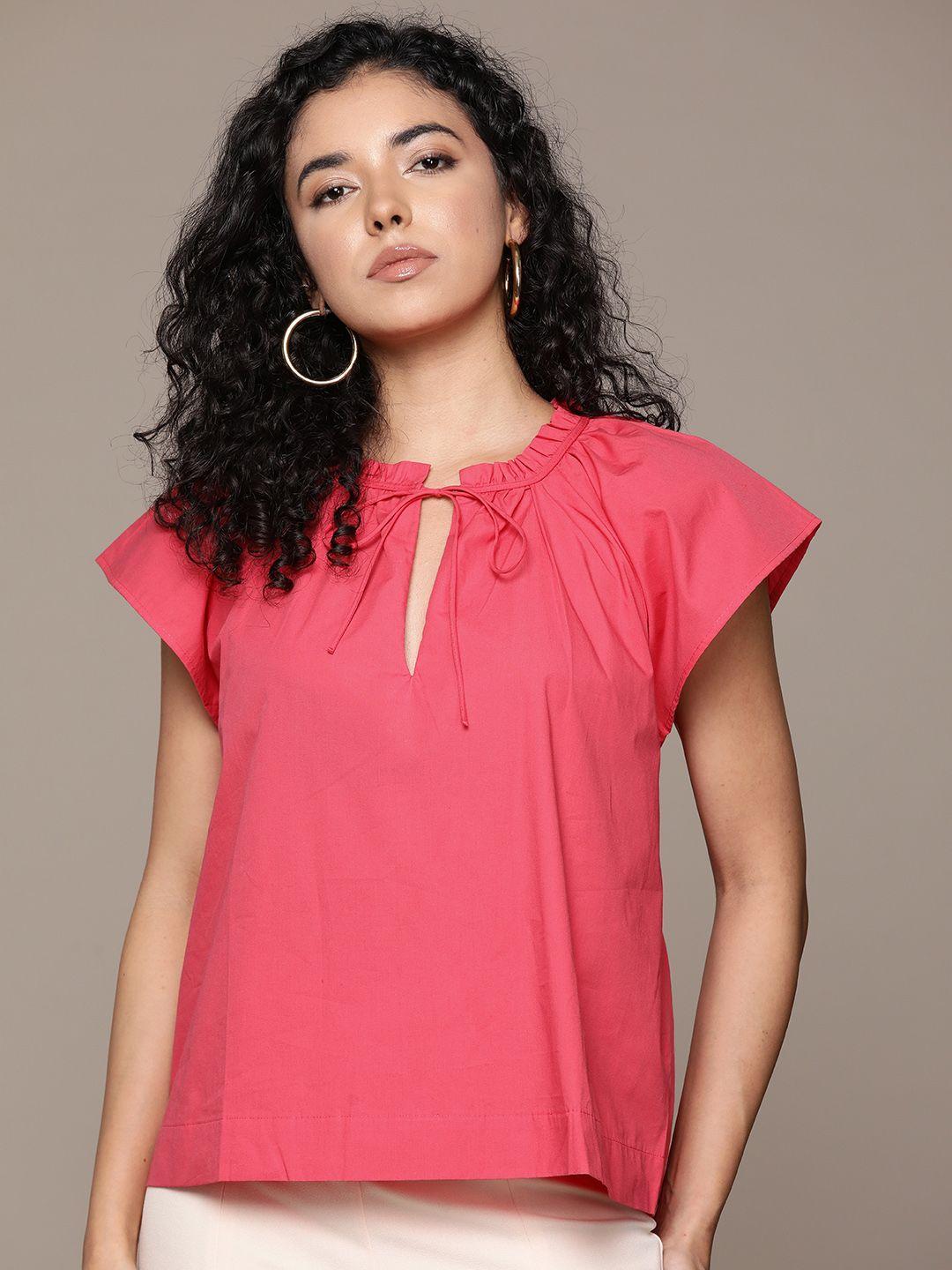 mango-solid-ruffled-tie-up-neck-extended-sleeves-pure-cotton-top