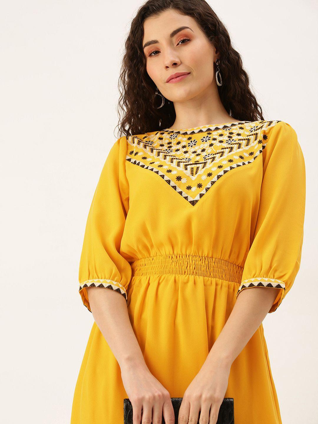 flying-machine-mustard-yellow-ethnic-motifs-embroidered-smocked-fit-&-flare-midi-dress