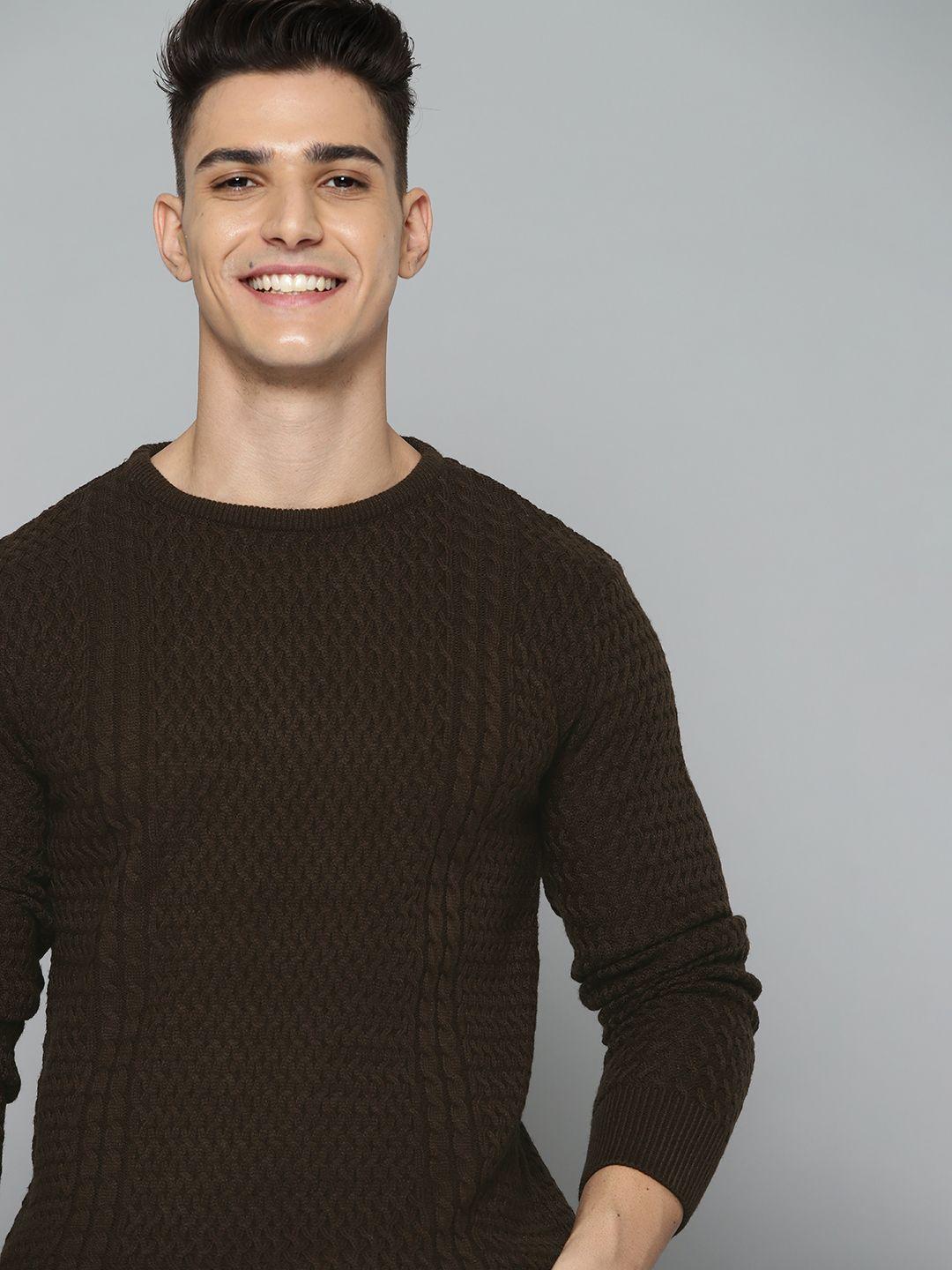 mast-&-harbour-men-coffee-brown-cable-knit-self-design-pullover